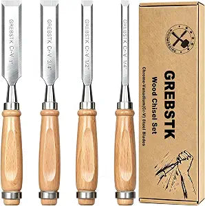 GREBSTK 4 Piece Wood Chisel Set CR-V Steel Sharp Bevel Edge for Woodworking