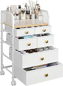 4 Tier 6 Drawers Makeup Cart Organizer, Floor Skincare Organizers Vanity Storage Organizer, Rolling Makeup Cart Cosmetics Display Cases with Wheels for Skin Care Perfume Nail Polish, White