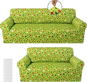 Peryiter 2 Pcs Christmas Sofa Cover Set Lime Green Slipcover Milk Silk Spandex Red Dot Loveseat Covers for Xmas Home Room Decorations Furniture Protector Arm Chair Form Fit Stretch Wrinkle Proof