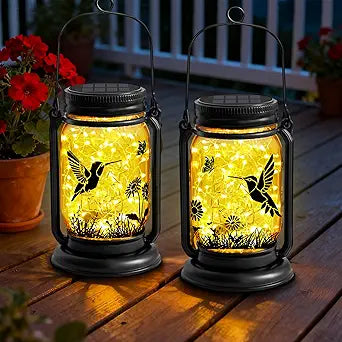 2 Pack Hummingbird Solar Lantern Outdoor Garden Decor,Birthday Gifts for Women Mom Grandma, Waterproof Hanging Vintage Glass Mason Jar Outside for Yard,Patio, Backyard,Porch,Tree, Pathway
