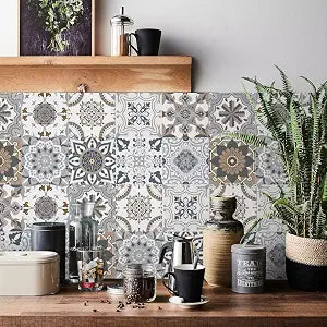 24 PCS Moroccan Boho Mandala Wall Tile Stickers Peel and Stick, 6x6 Inch Self-Adhesive Waterproof Vinyl Decals Wall Backsplash Decor for Kitchen, Bathroom, Furniture, Stairs