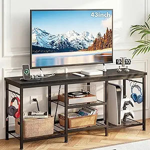 YGEOMER TV Stand for Tvs Up to 55 Inch, Entertainment Center with Power Outlet and Open Storage Shelves, TV Console Table for Living Room Bedroom, Black