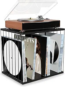 Emfogo Vinyl Record Storage, Metal & Wooden Vinyl Record Holder Up to 80 Album, 3-Compartment Record Player Stand for Magazine, Book, Files, Albums (Black)