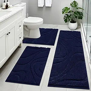 HEBE Microfiber Bathroom Rugs Sets 3 Piece,Super Absorbent Non Slip Bath Mats Rugs for Bathroom,Washable Bath Mat and U-Shaped Contour Toilet Rug Set for Tub Shower Bath Carpet