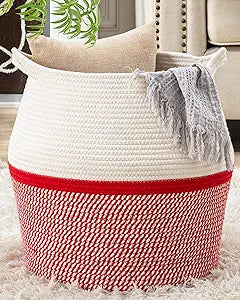 KAKAMAY Woven Baskets for Storage(17"x17"),Large Cotton Rope Woven Baby Laundry Hamper,Collapsible Laundry Basket, Blanket Basket for Organizing Living Room,Nursery,Pillows,Toy Chest(Red)