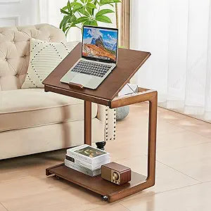 C-Shaped End Table with Wheels - Solid Wood Rolling C Shape Small Side Table for Couch, Wooden Tv Tray Bedside Tables for Sofa Living Room Bedroom, Walnut, 15.4 in x 23.6 in x 24.8 in