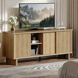 Bestier Mid Century Modern Tv Stand for 55/60/65 Inch TV, Solid Wood Legs Entertainment Center with Vertical Striped Sliding Door& Cable Management, Media Console Cabinet for Living Room(Natural Oak)