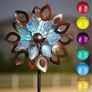 Copper Wind Spinners Outdoor 74 Inches with Solar LED Light, Kinetic Dual Wind Sculptures & Spinners for Yard Lawn Garden Decor, Large Metal Clearance Windmill with Bronze Leaf