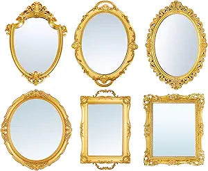 Beeveer 6 Pcs Vintage Gold Mirrors Set Decorative Hanging Wall Decor for Wedding Gallery Bedroom Bathroom Antique Jewelry Dresser Organizer Mirrored Tray Victorian Decor (Classic,Gold)