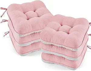 BETU Pink Chair Cushions for Dining Chairs Set of 6,3.5" Thick Kitchen Table Chair Pads with Ties,Non Slip Backing and Covers, Seat Cushion for Dining Room,Bar,Patio Chairs,15.5"X15.5"X3.5",Pink