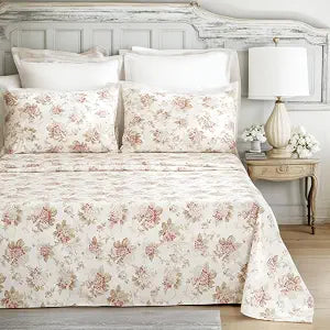 DaDalogy Bedding 100% Cotton Cottage Roses Floral Cotton Flat Sheet Only - Vintage Shabby Chic Pink Flower Blossoms Multi-Colorful Bed Cover with 1 Pillow Case - Twin Size - 2-Pieces