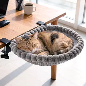 Cat Desk Bed with Double Heavy-Duty Clamps, 90 Foldable Space-Saving Perch, Supports 40 lbs, All-Season Reversible Cushion Cat Hammock for Office & Gaming Desk Setup - Grey