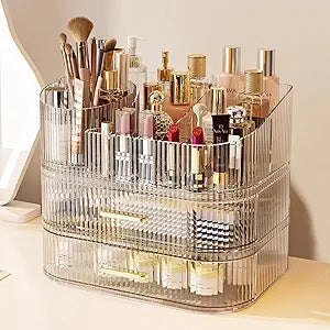 Makeup Organizer with 360 Rotating Brush Holder and Stackable Drawers, Cosmetic Display Case for Vanity, Bathroom Countertop (Clear, 3 Layer)