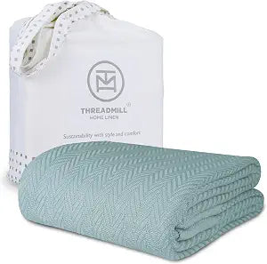 Threadmill Luxury Cotton Blankets for Queen Size Bed | All-Season 100% Cotton Queen Size Blanket | Herringbone Cozy, Soft Breathable Fall Thermal Blanket fits Full Size Bed | Mist Blue
