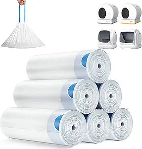 MeoWant Cat Litter Box Liner -120PCS Heavy Duty Drawstring Trash Bags for MeoWant MW-SC01/MW-SC02 Automatic Self-Cleaning Boxes, Extra Thick Leakproof, 6 Rolls (20 Bags/Roll)