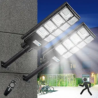 Solar Street Lights Outdoor, IP67 Waterproof, with Motion Sensor, Remote, and Auto Dusk to Dawn | Bright 6500K LED Solar Powered for Patio, Garden, Garage, Courtyard & Parking Lot (2 Pack)