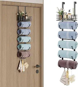 Over The Door Towel Rack 6 Tier with Metal Shelf and Hooks, Black