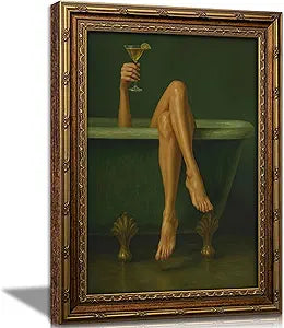 Vintage Gold Framed Bathroom Wall Art, Funky Modern Woman With Dirty Martini Bar Canvas Print, Sage Green Bathtub Painting Picture, Funny Cocktail Poster Artwork for Toilet Restroom Washroom Home Bar