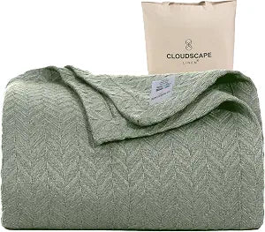 CLOUDSCAPE 100% Cotton King Size Blanket, Soft Herringbone Weave, 92"x108", Fits Upto Cal King, Breathable Lightweight Summer King Cotton Blanket for Adults, All Season Blankets - Olive Green