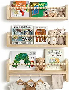 Nursery Book Shelves for Wall Set of 3, Natural Wood Bookshelves Wall Decor, Small Floating Shelf Organizer for Kids Room, Bedroom, Kitchen Spice Rack