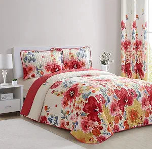 All American Collection 3 PC Floral Printed Red and Beige Reversible Bedspread Quilt Set Coverlet and Pillow Sham Set Queen Size