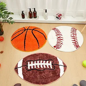Tinideya 3 Pack Cute Baseball Basketball Football Rug 26-32" Soft Round Sports Carpet for Bedroom Bathroom Decor Plush Non-Slip Washable Mat Fluffy Area Rug Carpet for Men Floor Door Chair