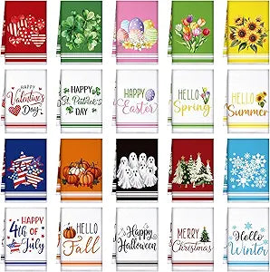 FuWeave 20 Pcs Holiday Kitchen Towels Set Seasonal Decorative Hand Towels Bulk Summer Patriotic 4th of July Tea Dishcloths with Hanging Loop for Kitchen Bathroom Cooking(Fresh)