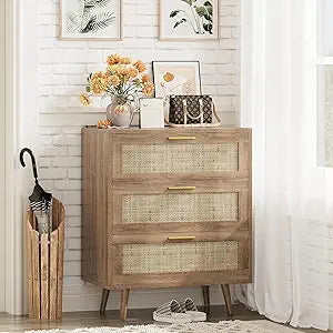 Trironsun 3 Drawer Dresser for Bedroom Rattan Dresser Chest of Drawers with Spacious Storage Boho Clothes Storage Nightstand for Living Room