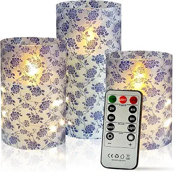 Flickering Flameless Candles Vintage Blue Floral Print, Embedded Star String Lights, Battery Operated Acrylic LED Pillar Candles with 11-Key Remote and Timer for Home Decoration, 3 Pack