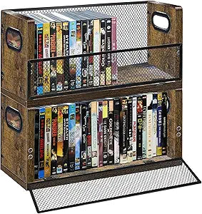 PUTNATRURE DVD CD Storage Rack, 2 Pack Holds 56 DVDs (28 Each), Stackable Wood & Metal DVD Tower with Magnetic Opening Door for Easy Access, Desktop Media Organizer for Blu ray, Video Game, VHS Tapes