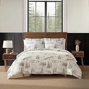 Eddie Bauer - Queen Duvet Cover Set with Shams, Cotton Percale Bedding, Reversible, Center Closure, Rocky Mountain Cabin Grey