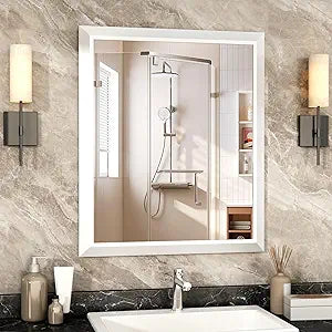 SMIROR Matte White Bathroom Mirror for Over Sink, 36x 30 Metal Thick Framed Rectangle Vanity Mirror for Wall, Right Angle Corner, Anti-Rust, Horizontally or Vertically Mounted