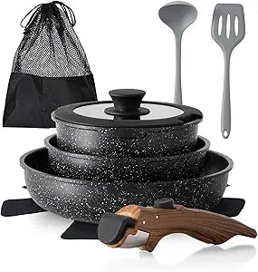 DishDelight Removable Handle Pots and Pans, 10 Piece Black Granite Induction Cookware Sets Non Stick, Stackable RV Cookware Set for Camping