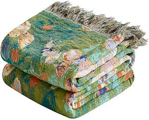 Boho Throw Blanket - 100% Cotton Throw Blankets for Bed Couch, 50"x60" Soft Muslin Lightweight Summer Throw Blanket, Cozy Floral Plant Printed Bohemain Bedding Decor Green Throw Quilt