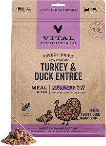 Vital Essentials Freeze Dried Cat Food, Raw Protein Turkey & Duck Micro Nibs | Complete Meal or Mixer | 96% Meat, Organs & Bone | High Protein, Low Carb, Grain Free, Dry Cat Food | 12 oz