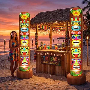 Hollowfly 2 Pack 7 ft Inflatable Tiki Luau Party Decorations Hawaiian Luau Tropical Inflatables Tiki Decoration Blow up Party Beach Supplies for Hawaiian Bar Pool Outdoor Yard Decor(Summer)