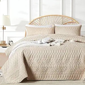 akkialla Full/Queen Size Quilt Bedding Set,Beige Lightweight Microfiber Soft Bedspread,Modern Style Geoetric Pattern Coverlet Set for All Seasons,3 Piece(1 Quilt,2 Pillow Shams)