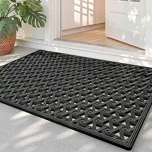 Front Door Mat Outside Entrance with Drainage, 19x30 Rubber Non Slip Dirt Trap Outdoor Doormat, Heavy Duty Waterproof Entry Mat for Entryway Patio, All Black