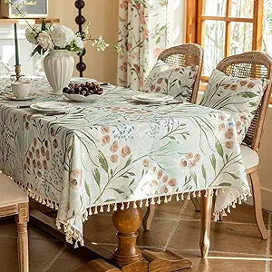 VClife Table Cloth - Aesthetic Pink Blue White Floral Printed Tablecloth for Holiday Home Party, Soft Cotton Linen Furniture Table Cover Washable Tablecloth for 10-12 Seaters (60"x120")