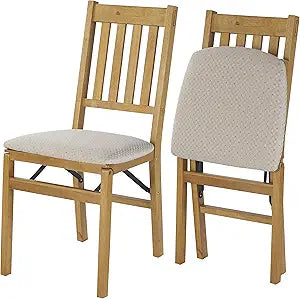 MECO Stakmore Arts and Craft Wooden Folding Chairs with Padded Seats, Set of 2 - No Assembly Foldable Dining Chairs, Steel Folding Mechanism, Upholstered Cushion, Space-Saving, Oak Frame