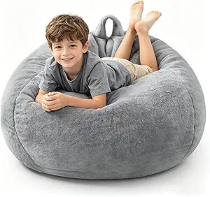 ENBAOHUI 3FT Faux Fur Comfy Memory Foam Bean Bag Chairs for Kids or Babies with Filling Bean Bag Sofa with Handle Super Soft Washable Faux Fur Fabric Lazy Sofa 3 Foot Light Grey