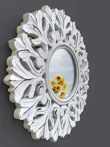 Bedding Craft Carved Wood Wall Mirror Dcor 18" Round,Mirror Wall Dcor,Hanging Wall Mirror with Wood Frame and Attached Hanging Bracket, Rustic Farmhouse Decor for the Living Room,Bathroom_White