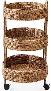 Best Choice Products 3-Tier Round Rolling Nursery Caddy w/Wheels, Handwoven Utility Cart, Storage Organization for Bathroom, Craft Room, Laundry Room - Chestnut