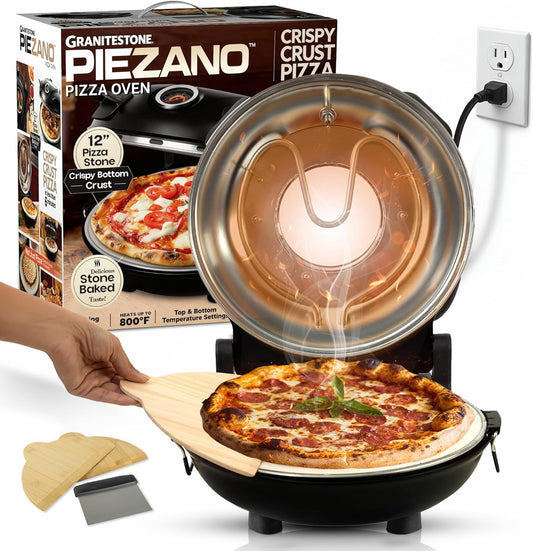 PIEZANO Crispy Crust Pizza Oven by Granitestone 12 Inch Electric Pizza Oven Indoor Countertop Maker with Ceramic Stone Heats up to 800 F for Stone Baked Pizzeria Style at Home As Seen on TV Products