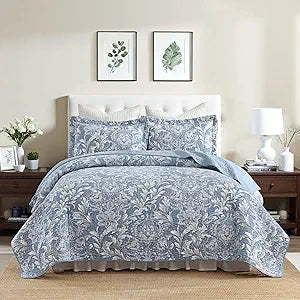 Quilt Set King Size 3-Piece - 100% Cotton Luxury Damask Floral Bedding Set - Lightweight Quilt Bedspread for All Season - Prewashed Coverlet Set for King Bed(Blue/White)