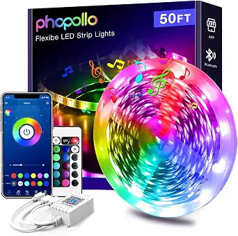 Phopollo 50FT LED Strip Lights 5050 RGB Color Changing for Bedroom