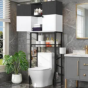 Over-The-Toilet Storage Rack, 4-Tier Bathroom Organizer Shelf Over Toilet with Barn Doors Cabinet and Basket, Freestanding Space Saver Bathroom Shelves with Paper Holder Above Toilet (Black & White)