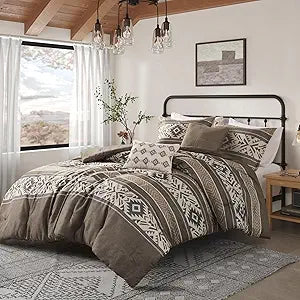 Madison Park Queen Comforter Set, Stripes Herringbone Southwestern Boho Comforters Queen Size, All Season Lightweight & Fluffy Microfiber Bed Set, 2 Dcor Pillows, Mariposa, Full/Queen Brown 5 Piece