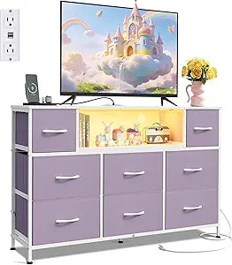 WLIVE Purple Dresser TV Stand for 45, 50, 55 inch TV, Entertainment Center with LED Lights & Charging Station, Chest of Drawers with 8 Fabric Drawers and Open Shelves for Living Room, Hallway