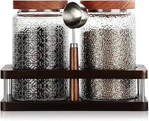 Suclain Glass Coffee Grounds Container with Shelf 2 x 34 oz Glass Coffee Bean Storage Canisters with Airtight Thread Lid and Measuring Spoon Food Storage Jars for Kitchen Sugar(Classic Style)